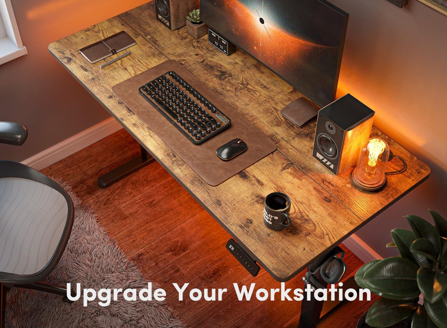 Height Adjustable Electric Standing Desk, 48" x 24", Rustic Brown Finish, Ideal for Home Office and Computer Use