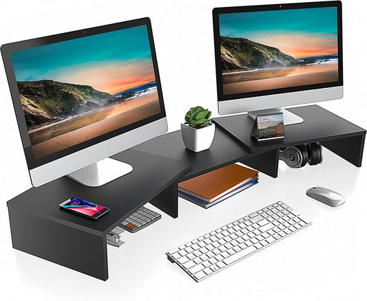 Dual Monitor Stand with Adjustable Length and Angle - Wood Desktop Riser with Three Shelves, Medium Black Office Accessory (Model: Dt108001Wb)
