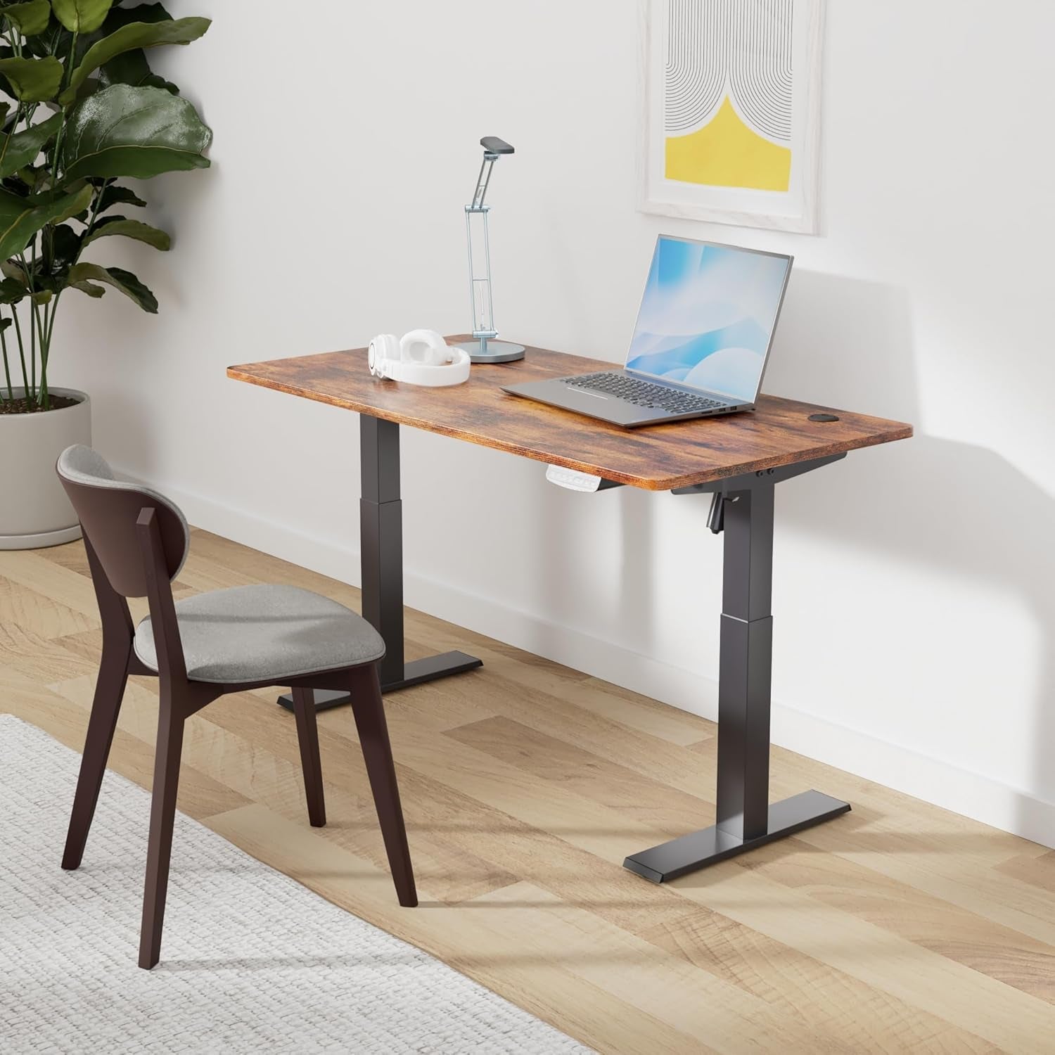 Height Adjustable Electric Standing Desk, 48" x 24", Rustic Brown Finish, Ideal for Home Office and Computer Use