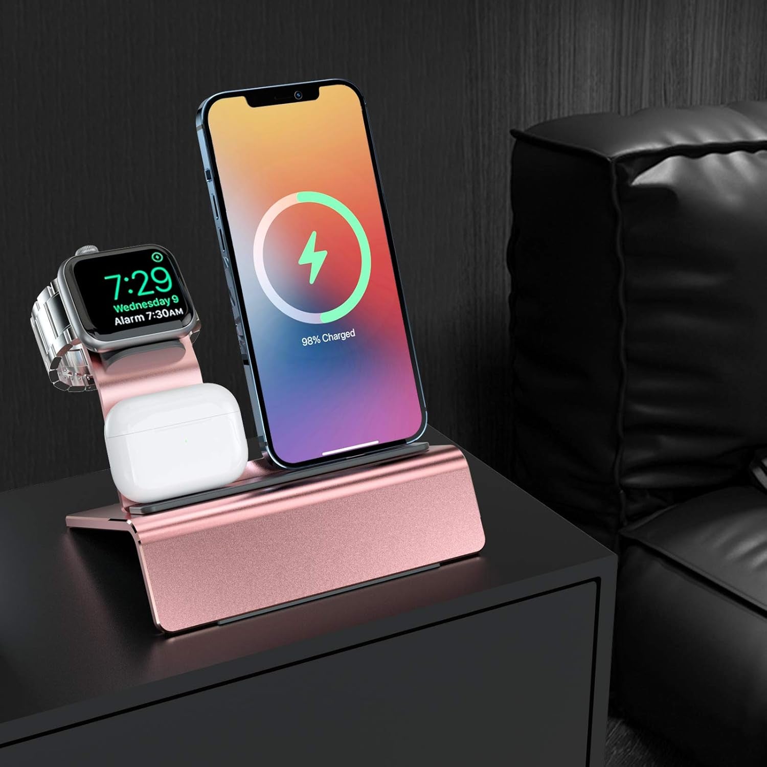 Aluminum 3-in-1 Charging Stand for Apple Devices - Compatible with MagSafe, Apple Watch, and AirPods (Charger & Cable Required) - Rose Gold