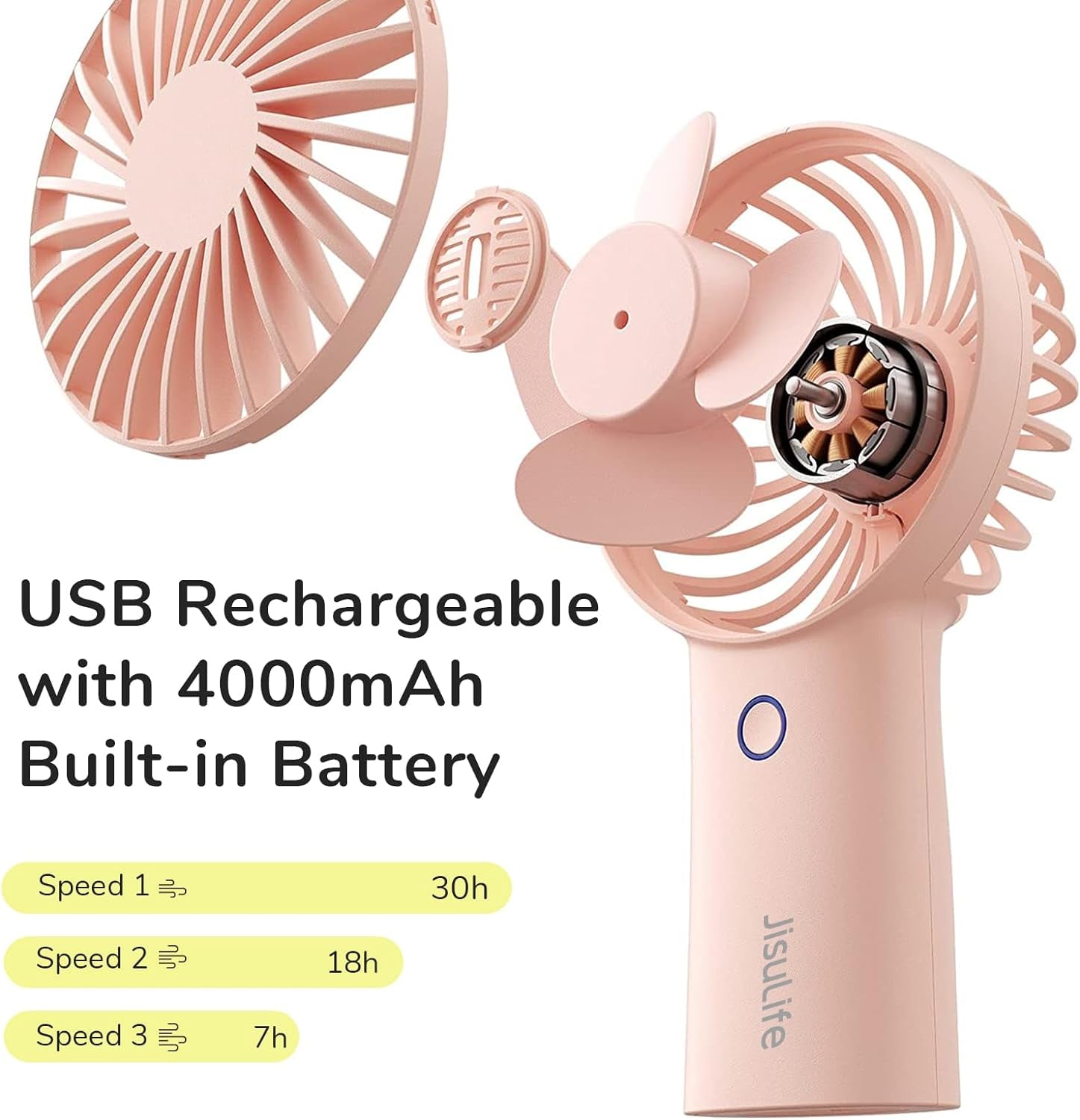 Portable Handheld Fan with 20-Hour Maximum Cooling Time, 4000mAh USB Rechargeable Personal Fan, Battery Operated Mini Fan with 3 Speed Settings for Travel, Commute, Makeup, and Office - Pink