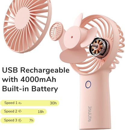 Portable Handheld Fan with 20-Hour Maximum Cooling Time, 4000mAh USB Rechargeable Personal Fan, Battery Operated Mini Fan with 3 Speed Settings for Travel, Commute, Makeup, and Office - Pink