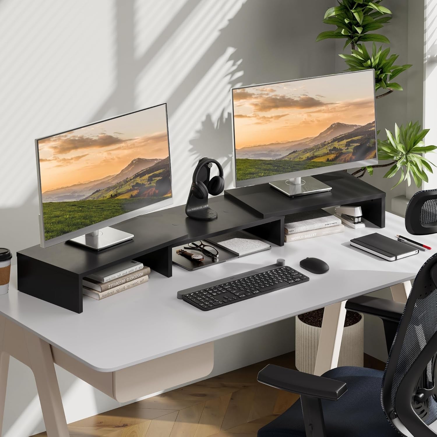 Dual Monitor Stand with Adjustable Length and Angle - Wood Desktop Riser with Three Shelves, Medium Black Office Accessory (Model: Dt108001Wb)