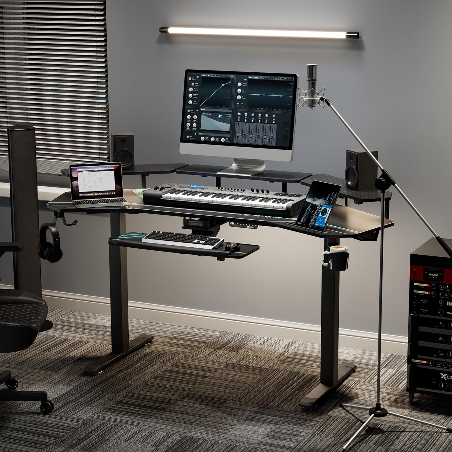 Professional Gaming Desk with Adjustable Height, 72" Wing-Shaped Studio Table Featuring Keyboard Tray and LED Shelves for Streaming and Recording