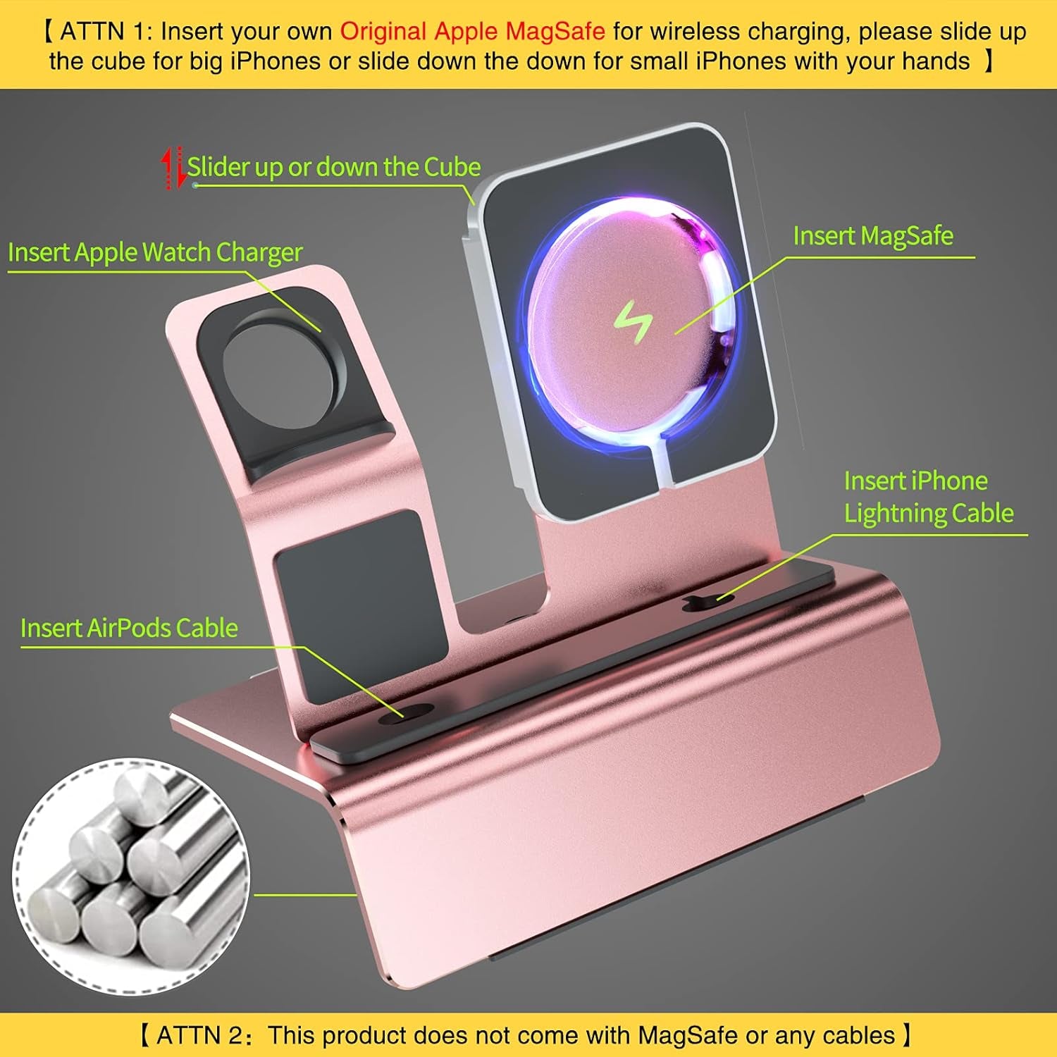 Aluminum 3-in-1 Charging Stand for Apple Devices - Compatible with MagSafe, Apple Watch, and AirPods (Charger & Cable Required) - Rose Gold