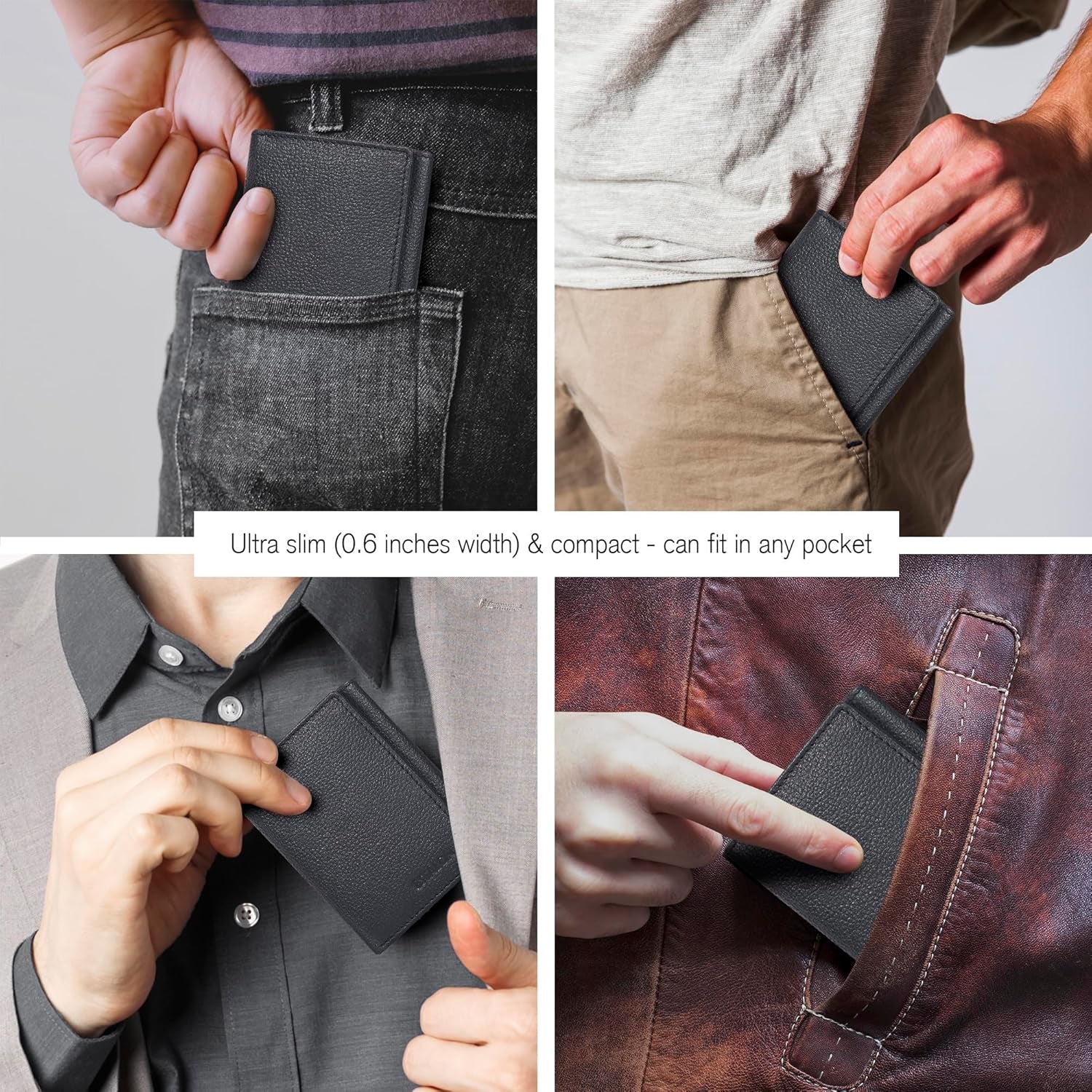Men's Leather Trifold Wallet with RFID Blocking - Features 6 Card Slots, 2 Slip Pockets, and 1 Front ID Window - Minimalist Slim Design