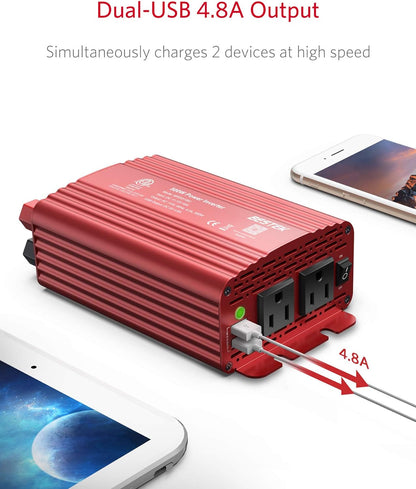 500W DC to AC Power Inverter (12V to 110V) with Alligator Battery Clamp and 4.8A Dual USB Car Charger, ETL Listed